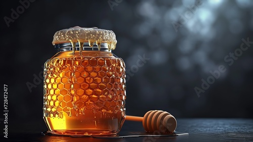 Raw honey in a jar on black table. copy space for text.