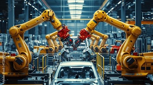 Robotic arms in a car plant. copy space for text.