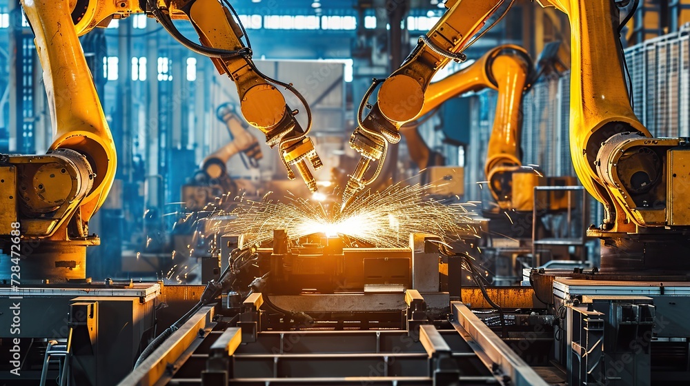 sets of industrial robotic arms in fiery precision welding operations during fabrication in bright mechanical factory. copy space for text.