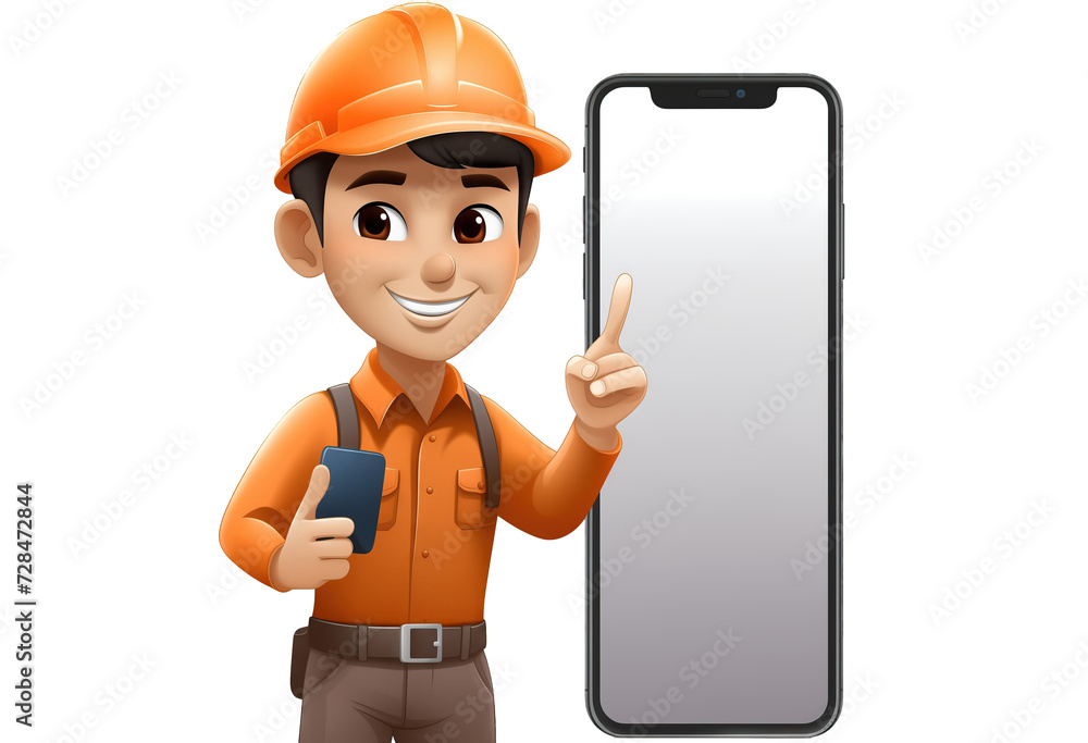 Three-dimensional figure of worker showing the screen of a mobile on transparent background Three-dimensional figure of worker showing the screen of a mobile on transparent background