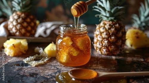 Hyperrealistic portrayal of honey and the tropical freshness of pineapples, displayed in a glass jar with a wooden spoon dipper, highlighting the succulence of the pairing