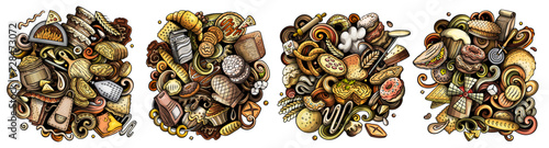 Bakery cartoon vector doodle designs set.