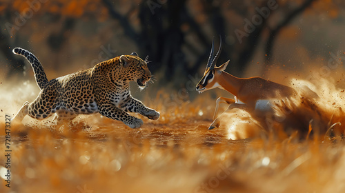 A National Geographic photo of a leopard chasing an African antelope, in the style of hyper-realistic portraiture © growth.ai
