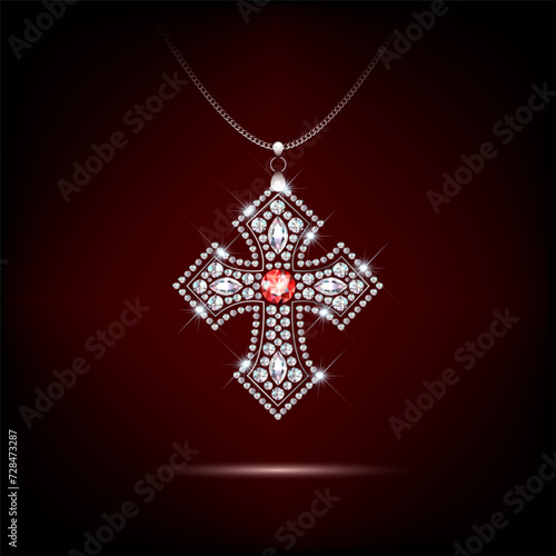 Religious cross made of sparkling diamonds pendant on a chain. Realistic vector on red dark background