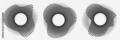 Flat radial sound waves with editable stroke isolated on a white background with halftone shadow. Circular spectral music frequency, depicting audio music, voice for an equalizer. Vector illustration