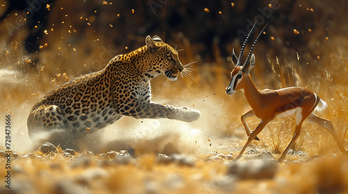 A National Geographic photo of a leopard chasing an African antelope, in the style of hyper-realistic portraiture