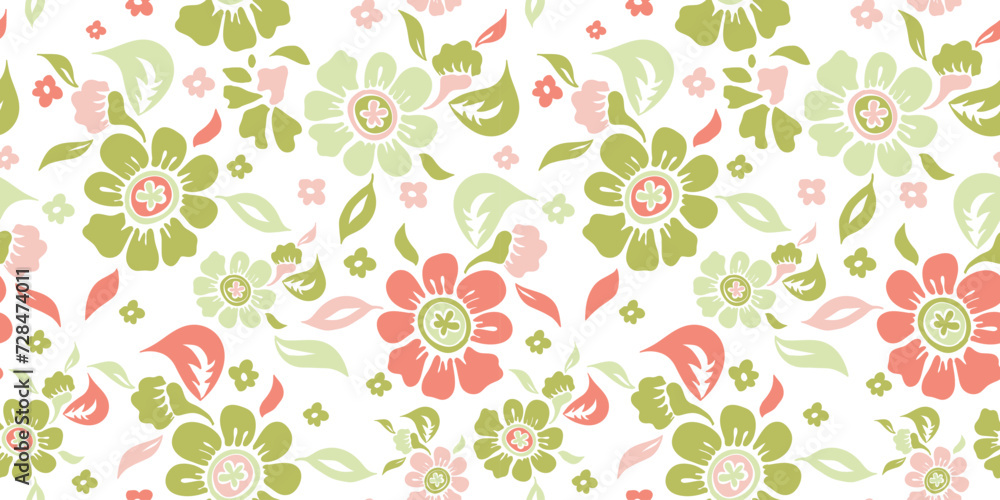 Cute Watercolor Pink / Green / White Flowers Seamless Pattern with Leaf and Dot. Flower Floral Pattern Vector