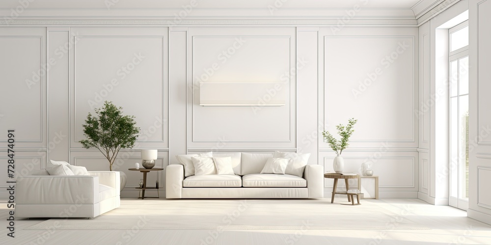 Fototapeta premium Spacious white living room with furniture and decor.