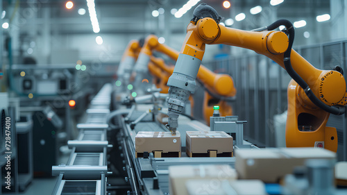 Industrial Robot Arm Working on Production Line. A precise industrial robotic arm engaged in manufacturing operations on a high-tech automated production line. 