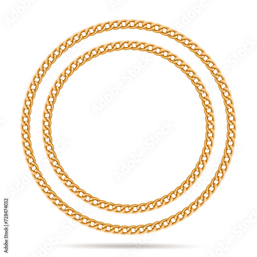 Gold chain in the shape of two circles, banner with copy space. Isolated on white background. Realistic vector.