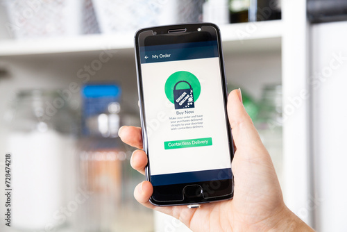 Contactless delivery phone screen app concept for online shopping
