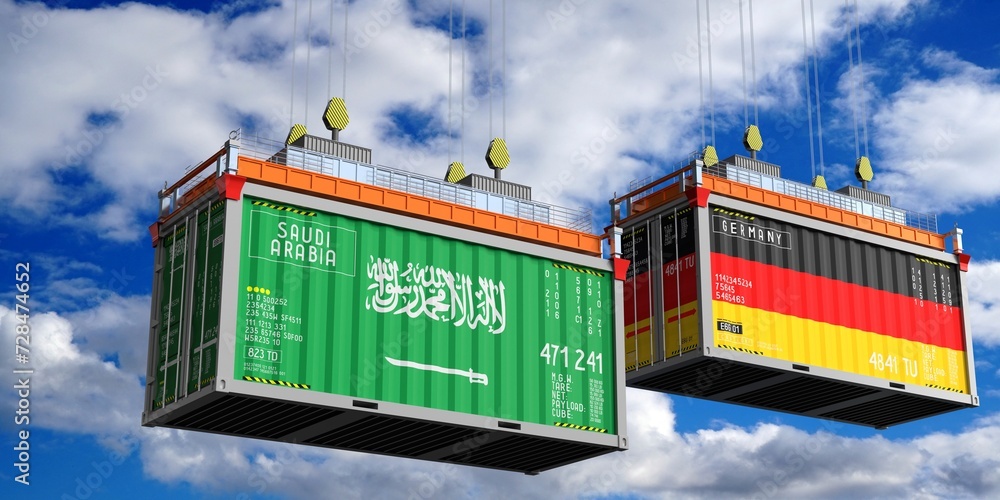 Obraz premium Shipping containers with flags of Saudi Arabia and Germany - 3D illustration