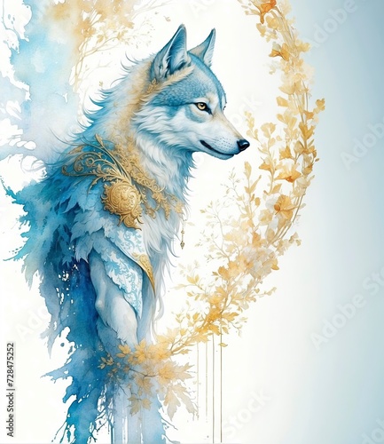 Creative watercolor wolf on white background with a golden branch and a splash of paint Good for postcards, poster, kid's room, book cover and canvas, Generative AI