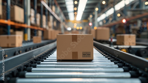 Cardboard Box on Conveyor Belt in Modern Warehouse photo