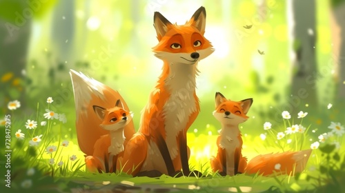 A captivating sight in the green forest a fox and their adorable cubs playing and exploring © Ilja