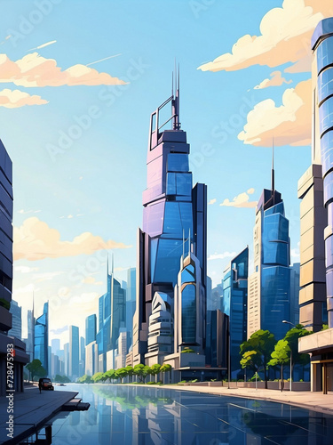 Dynamic Metropolis, Cartoon Anime Cityscape with Towering Skyscrapers and Business Center