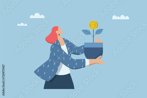 Growth of investment profit, Interest or return on savings, Personal finance management concept, Female investor with potted money plant growing and issuing coins. Vector design illustration.