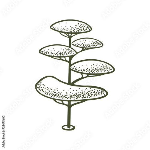  Sketch of topiary conifers. Sheared thuja sphere. Geometric trees for advertising and landscape design. Isolated on white background. Vector