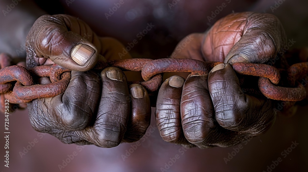 Close up of man s hands shackled with rusty steel chain in distress and captivity Close up of man s hands shackled with rusty steel chain in distress and captivity