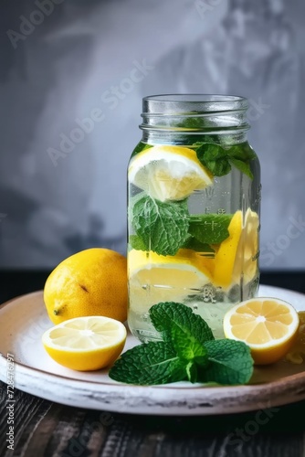 two glass vessels full of water, mint and lemons