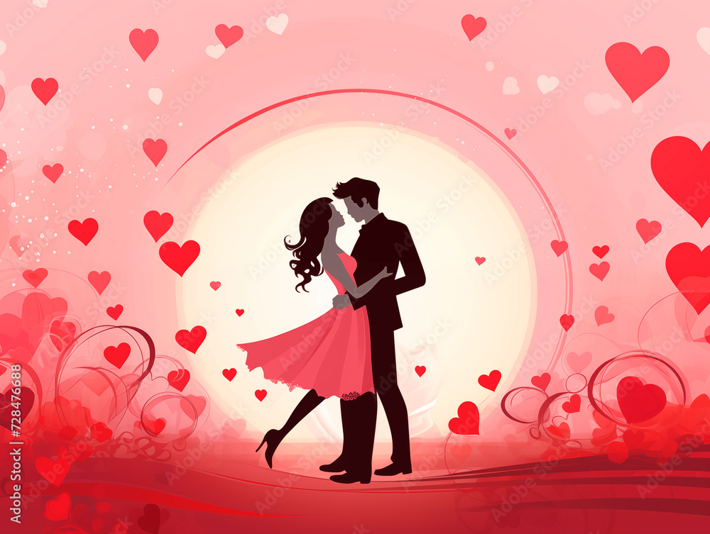 Romantic card, silhouettes of lovers with a bicycle, trees and hearts on the background. flat style vector illustration. Romantic card, silhouettes of lovers with a bicycle, trees and hearts on the background. flat style vector illustration.