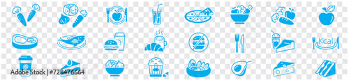 vegetable icon set. Wellness, Well-being, Healthy salad, food, poke bowl, Fish, Apple, Breakfast, Carrot, Juice, Cake, Coffee, Meal, Burger, Pizza,  editable stroke icons collection Vector