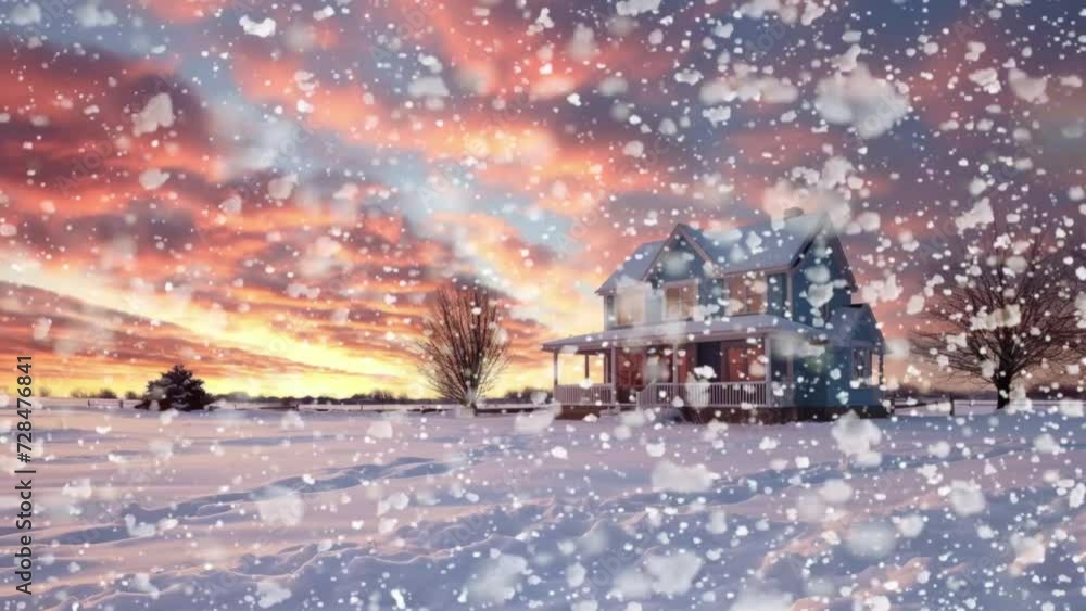 Suburban Midwestern house and snowy landscape in winter, sunset reflects in window, backdrop of blue sky with clouds. Suburban Midwestern house and snowy landscape in winter, sunset reflects in window, backdrop of blue sky with clouds.
