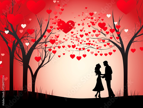 Romantic card  silhouettes of lovers with a bicycle  trees and hearts on the background. flat style vector illustration.