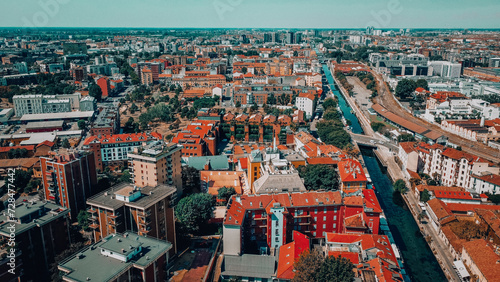 Milan city skyline aerial view. The theatrical performance shot from the Milan cityscape. Aerial footage. Milan drone footage