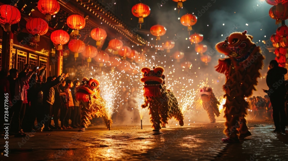 dancers in carnival traditional costume dragon lion with fireworks background, Chinese New Year celebrating, banner - obrazy, fototapety, plakaty 