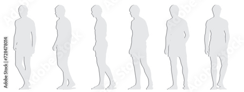 Vector conceptual gray paper cut silhouette of a man in shorts with a swim cap standing from different perspectives isolated on white background. A metaphor for sport, fitness, health and wellness