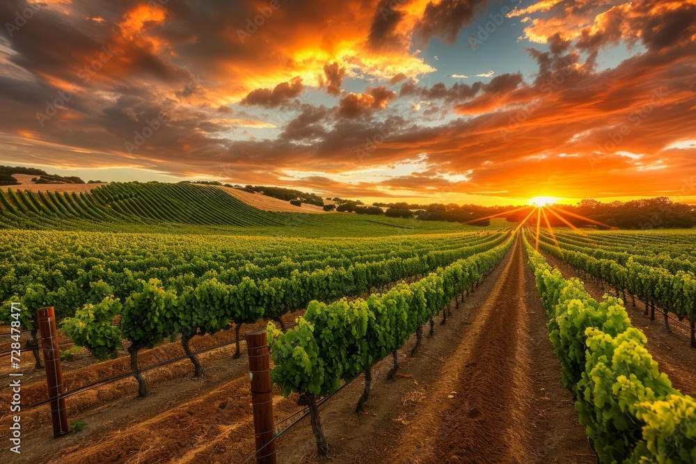 Naklejka premium Long plantations of vineyards stretching to the horizon in the evening sun. The concept of development of viticulture and winemaking.