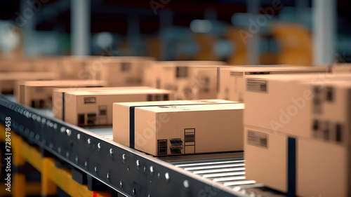 Closeup of multiple cardboard box packages seamlessly moving along a conveyor belt in a warehouse fulfillment center, delivery, automation, and products, generated AI  © KatrinaEra