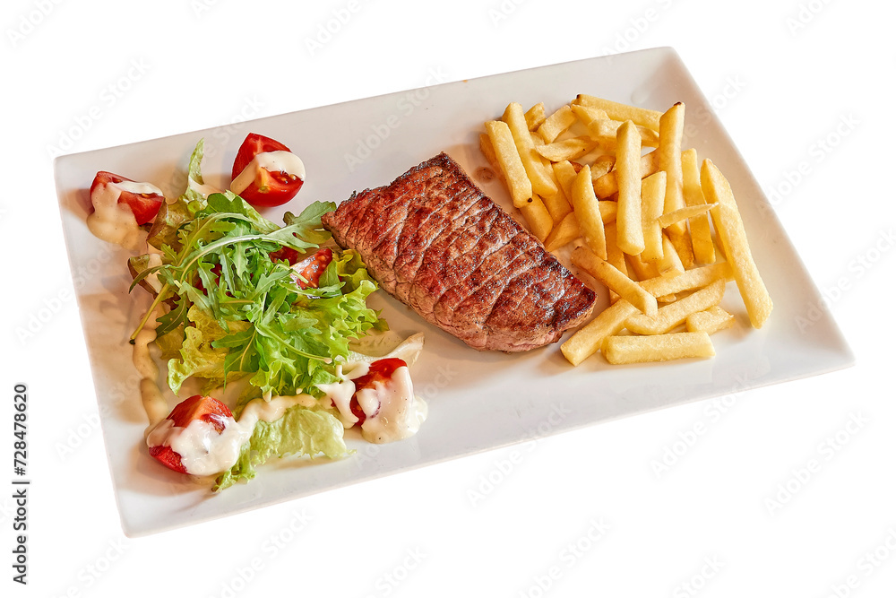 Plate with a Beef steack isolated on white