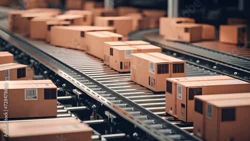 Closeup of multiple cardboard box packages seamlessly moving along a conveyor belt in a warehouse fulfillment center, delivery, automation, and products, generated AI  © KatrinaEra