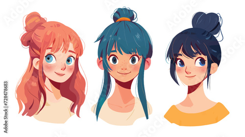 Cheerful Anime Girls Portrait Style Flat