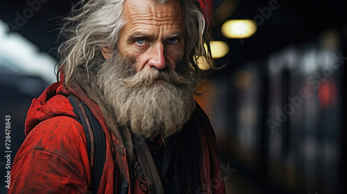 A homeless Caucasian man sits in the subway, on the platform or at the station waiting for the train