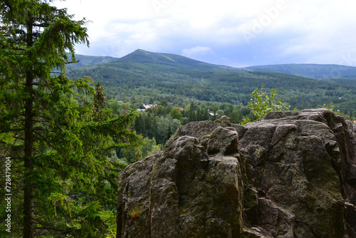 Mountain view from the Raven Rocks (polish: Krucze Skaly), a rock group 25 m high, located in the Karkonosze Mountains, Karpacz, Poland photo