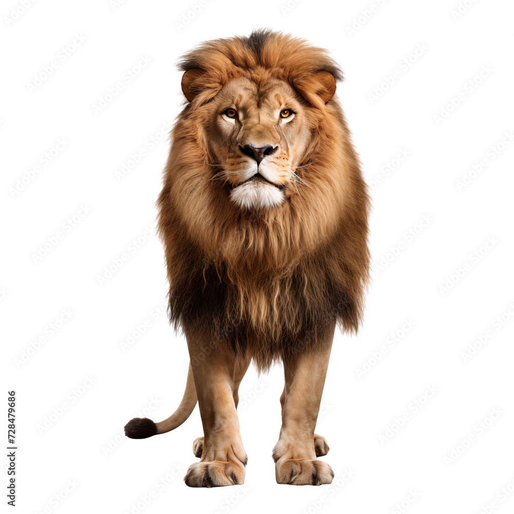 Lion panthera leo standing front view, isolated on transparent background