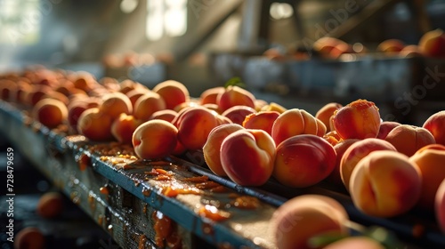 Iconic depiction of a conveyor belt production line, capturing the detailed details of each peach in transit against a backdrop that accentuates the freshness of the fruit