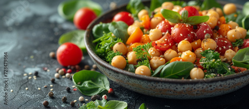 Salad bowl with chickpeas, tomatoes and mixed greens on stone background. Food and health. Healthy meal. Vegetarian dinner dish.