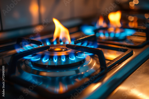 Gas cooker with burning flames of propane gas. Industrial resources and economy concept.