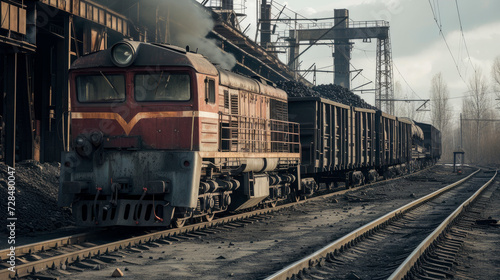 Old heavy diesel locomotive with open carriages carrying coal.Coal mining, export, shipment.