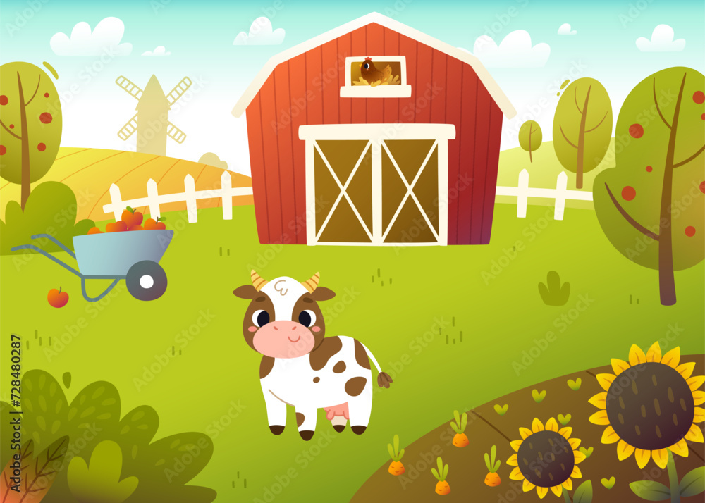 Fototapeta premium Cartoon farm landscape with cute cow. Summer vector rural background with barn and mill.