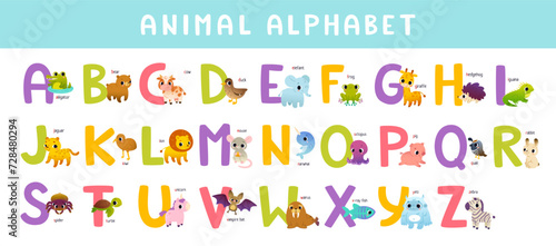 Cute english alphabet for kids with adorable animals. Bright Abc learning decorative poster with cartoon animals.