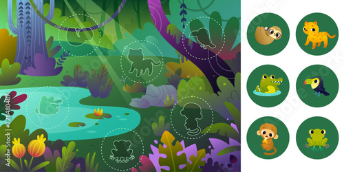 Cartoon baby board game with jungle animals. Cute vector game set with rainforest exotic animals.