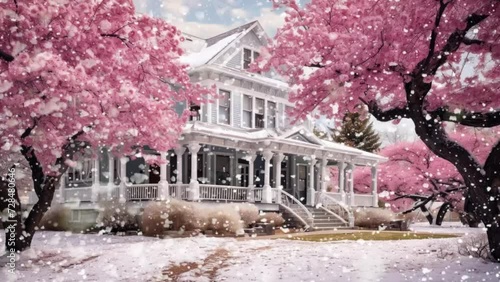 Utah, Nevada's Brigham Young Winter Home surrounded by blooming cherry trees.