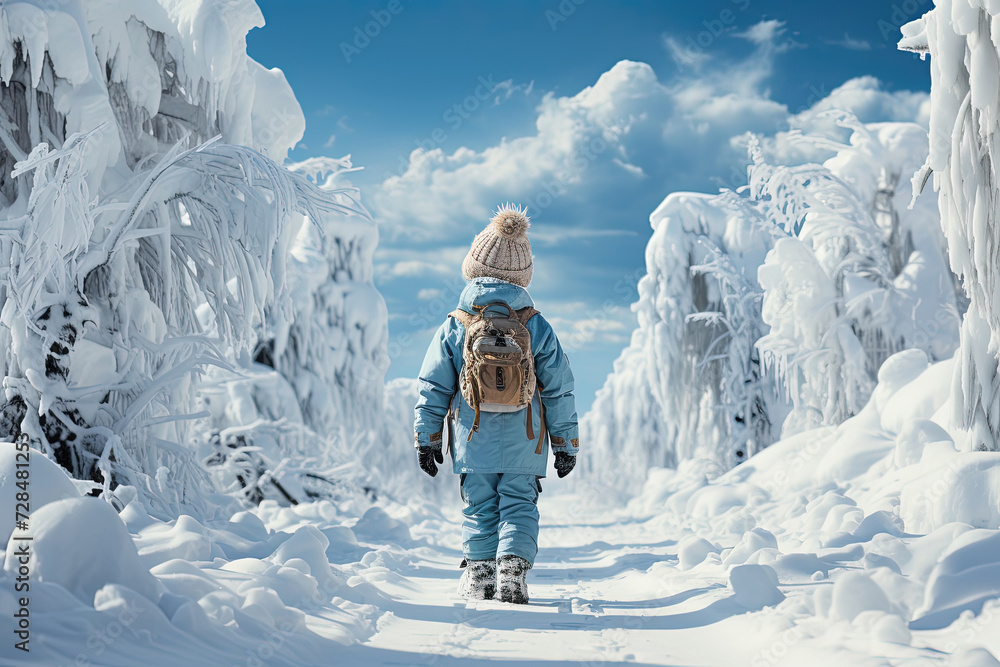 Silent Journey: kid girl gracefully walks amidst the tranquility of a snow-covered forest, surrounded by towering trees and fluffy white landscape.