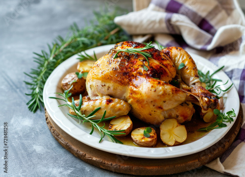 Roasted chicken with spices on rustic kitchen