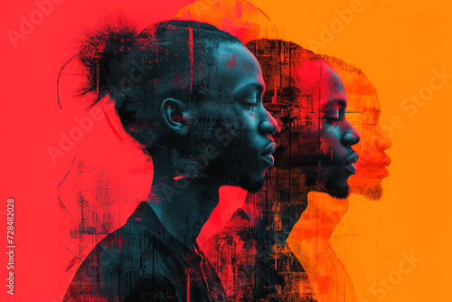Generative AI illustration of dual profile portraits of a person overlaid with textured brush strokes on a vibrant red and black background photo